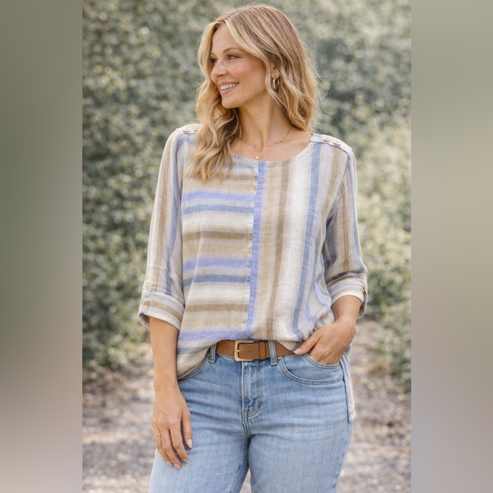 Alfred Dunner Striped Cotton Top Blue Tan Relaxed Casual Blouse L